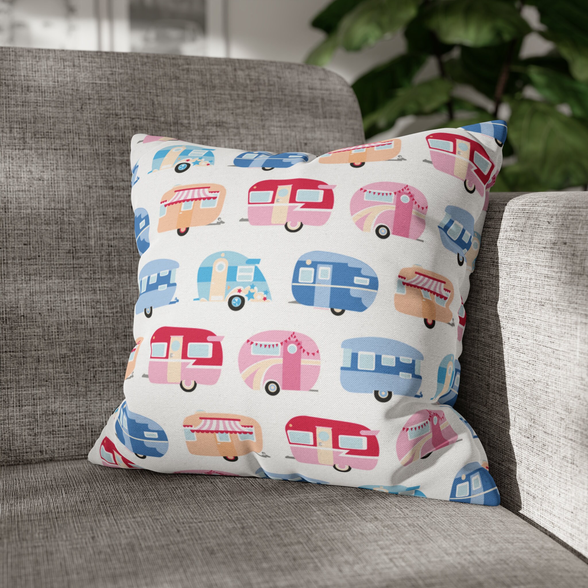 Cute Campers Throw Pillow, Caravan Bedding, Retro Print Cushion, RV