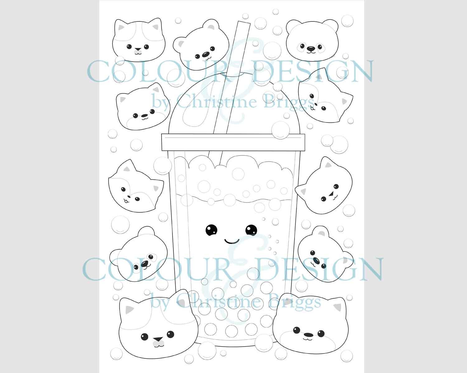 Kawaii Bubble Tea Printable Coloring Page. Cute Baby Animals and Boba ...