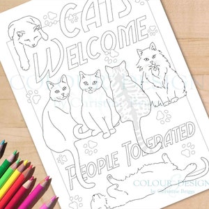 Página para colorear de gatos imprimible, señal de "Se aceptan gatos", hoja para colorear de gatos realistas, actividad divertida para gatos, tamaño A4 y carta
