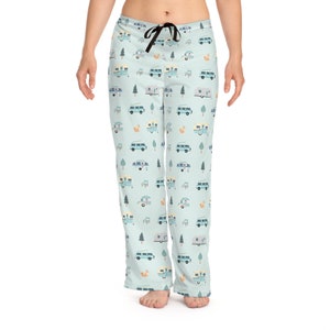 Happy Camper Pajama Pants, RV Camping Gifts for Her, Ladies Caravan Sleepwear, Campervan Pyjama Pant, Women&#39;s PJ Sleep Bottoms, USA Made