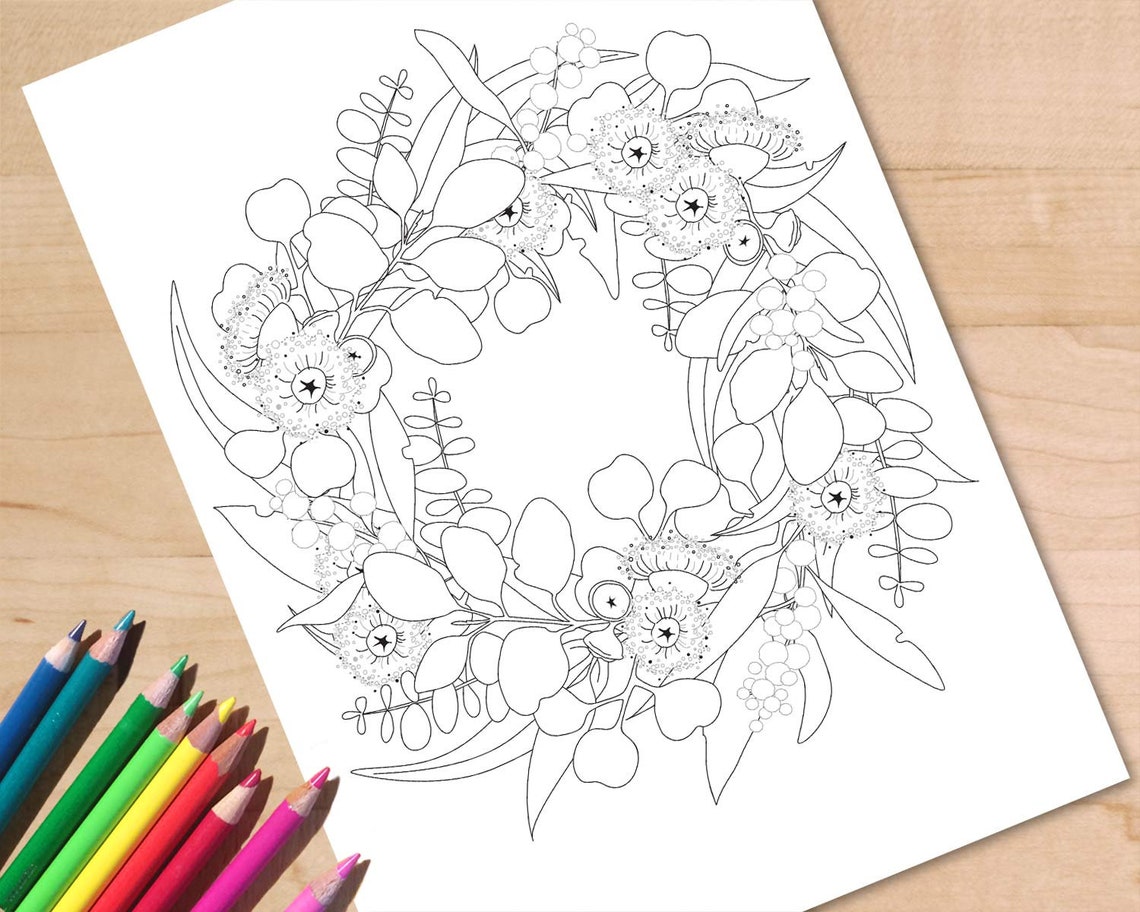 Australian Wildflower Colouring Page Wreath Eucalyptus | Etsy
