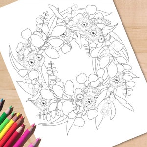 Christmas Wreath Coloring Pages.  Australian Wildflower Colouring Page for Adults, Eucalyptus Leaves Blossom, Printable Instant download.