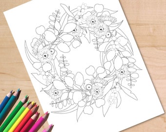 Christmas Wildflower Wreath Colouring Page, Australian Native Flora (PDF Printable Download)