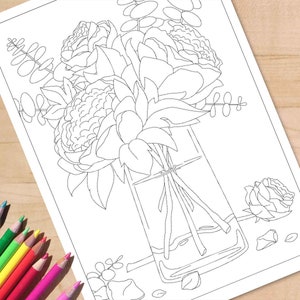 Página para colorir de flor de peônia, rosa de peônia para imprimir, página para colorir floral, folha de atividades para adultos, A4 e carta, impressão de vaso de jardim de chalé