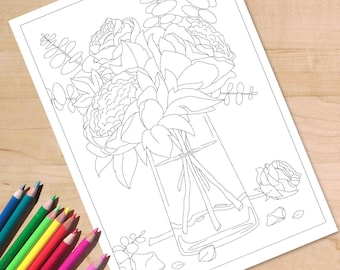 Peony Flower Coloring Page. Printable Floral Activity Sheet for Adults, A4 and Letter, Cottage Garden Colouring Page, Bloomcore download