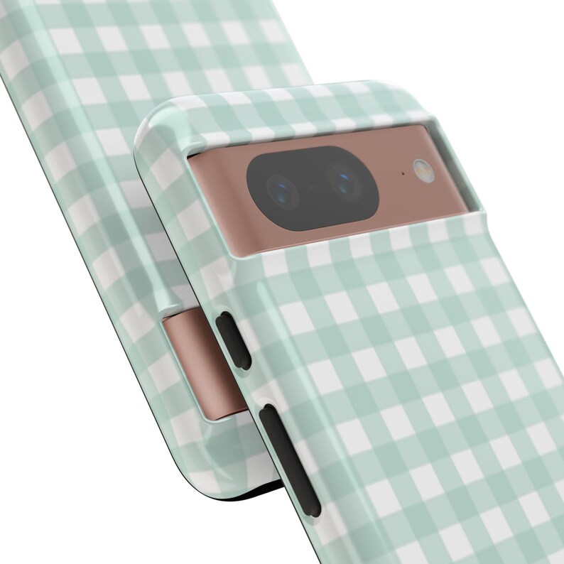 Green Gingham Phone Case, Mint Plaid Print Mobile Cover image 4
