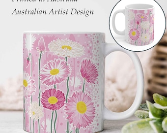 Tasse à café fleurs sauvages, fleurs éternelles roses, imprimé flore indigène d'Australie, tasse en céramique