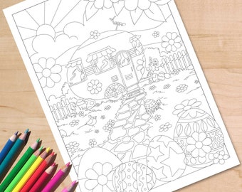 Imprimable Pâques camping coloriage, caravane à colorier, camping-car heureux campeur à colorier à colorier pour adultes et enfants, A4 et lettre