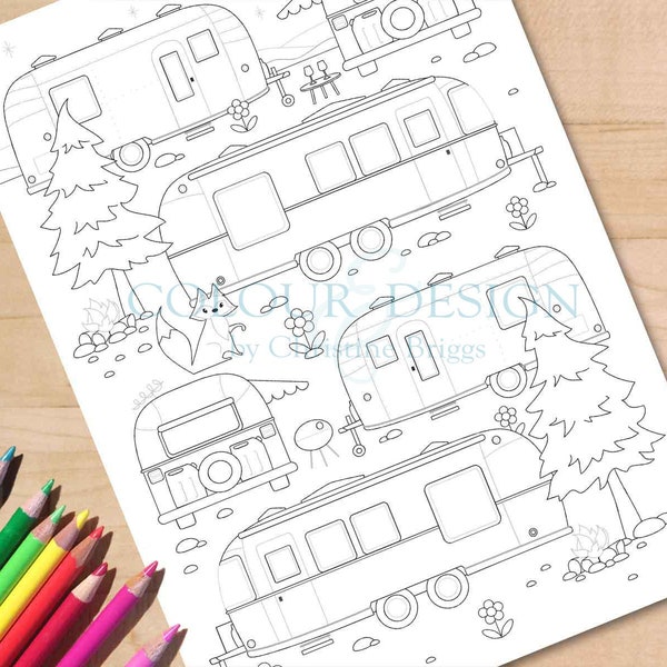 Travel Trailer Camping Coloring Page. Campsite Activity Sheet for Airstream Lover, Printable Adult Colouring Page, A4 and Letter