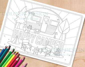 Camping Coloring Page, Happy Camper Printable, Retro RV Activity Sheet, Vintage Caravan Colouring Page, For Adults and Kids, A4 and Letter