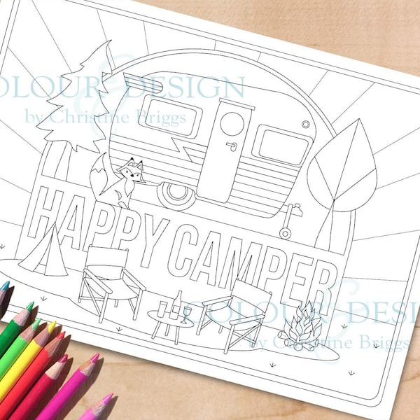 Printable Camping Coloring Page. Happy Camper Retro RV Activity Sheet, Colouring For Adults and Kids, A4 and Letter Format