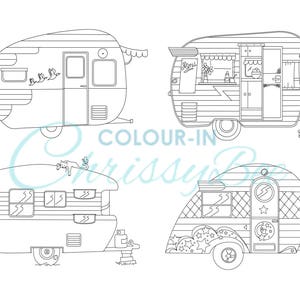 Cute Campers Printable Coloring Page. Camping Adult Coloring Page, Retro RV Caravans, Instant Download PDF, A4 and Letter image 2