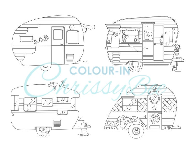 Cute Campers Printable Coloring Page. Camping Adult Coloring Page, Retro RV Caravans, Instant Download PDF, A4 and Letter image 2