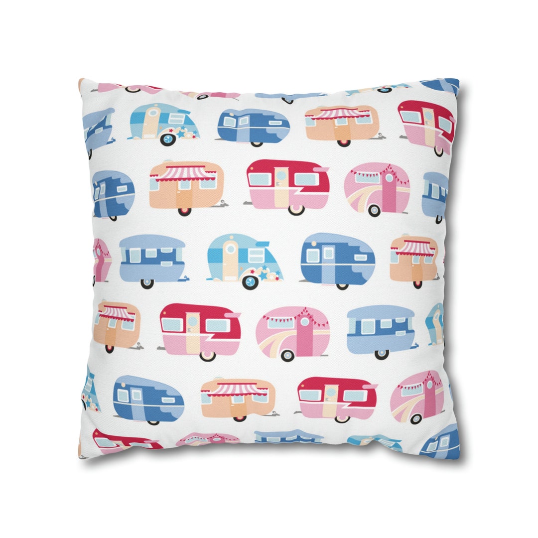 Cute Campers Throw Pillow, Caravan Bedding, Retro Print Cushion, RV