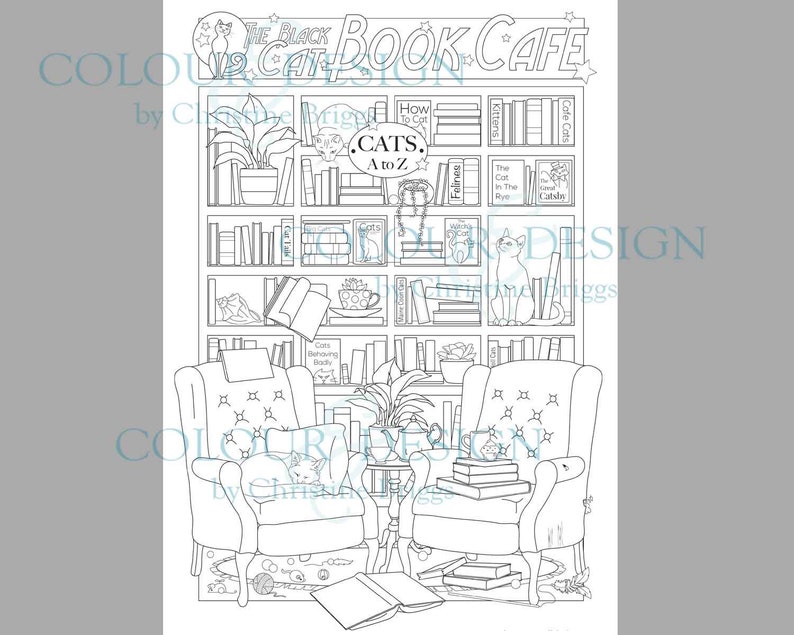 Cat Cafe Printable Coloring Page. Cute Fun Cat Library Colouring ...