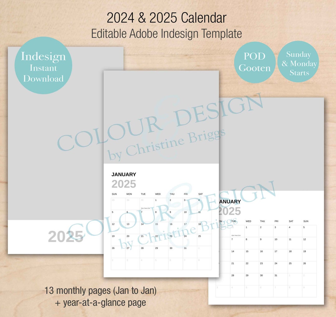 2025 Editable Indesign Wall Calendar Template, Adobe, POD Gooten