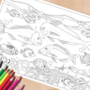 Página para colorear de peces imprimible, página para colorear para adultos, hoja de actividades de pesca en el océano, tamaños A4 y carta, colorea para él