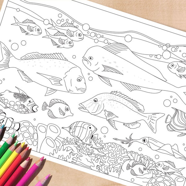 Printable Fish Coloring Page, Adult Colouring Page for Men, Ocean Fishing Activity Sheet, A4 and Letter Sizes, Color in for Him