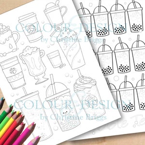 Página para colorear de Boba, té de burbujas imprimible, café helado digital, hojas de actividades de bebidas de cafetería, tamaño A4 y carta
