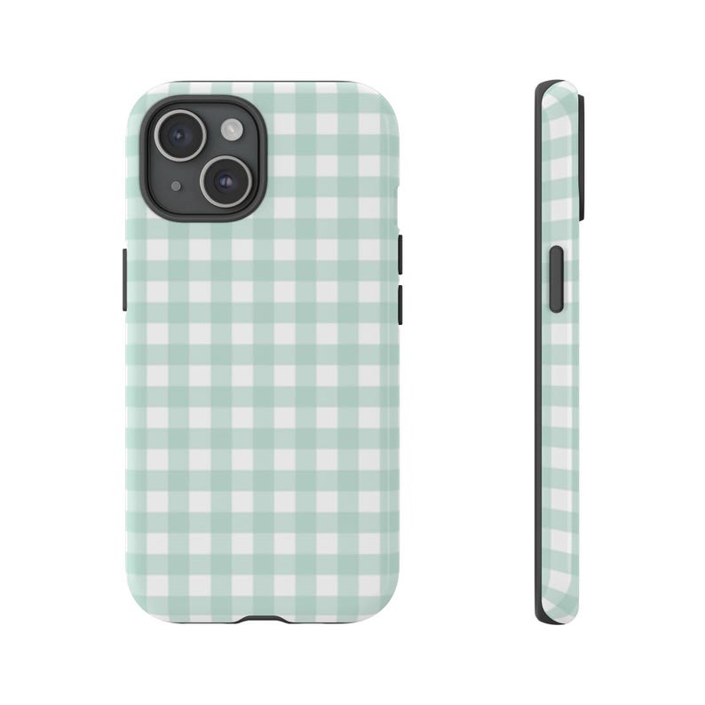 Green Gingham Phone Case, Mint Plaid Print Mobile Cover image 2