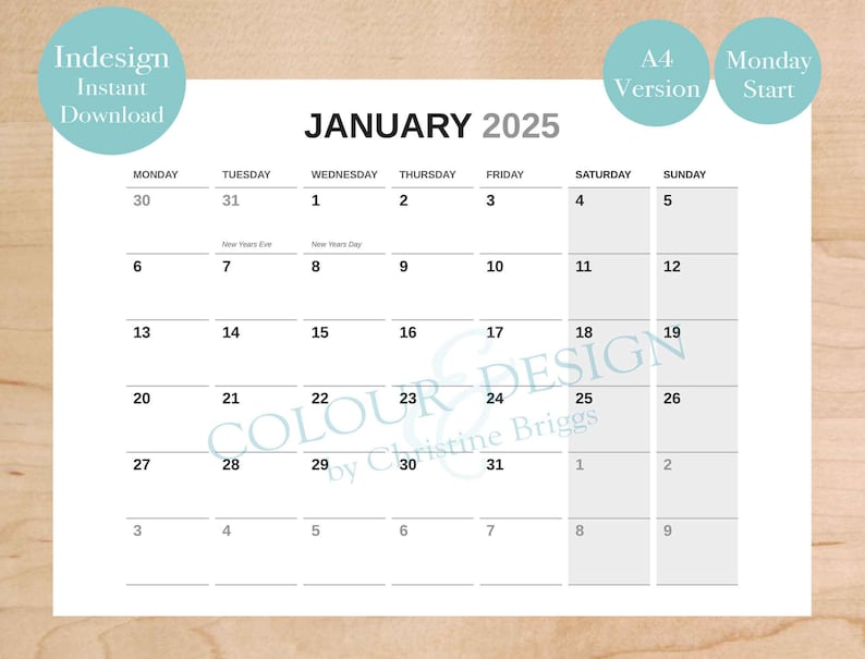 2025 Editable Indesign Calendar Template. Adobe Planner for Graphic
