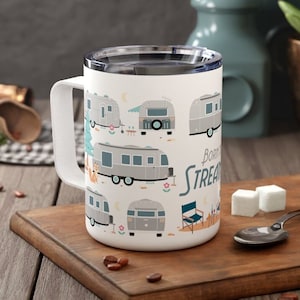 Insulated Camping Mug, Airstream Owner Gift, Cute Camper Travel Mug, Born to Stream, Stainless Steel Coffee Cup with Lid