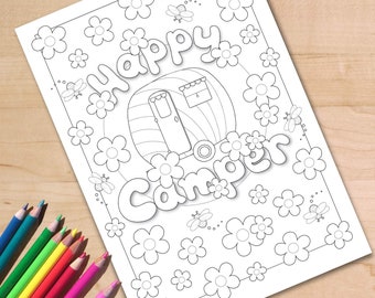 Happy Camper Coloring Page. Printable Camping PDF Adult Colouring Sheet