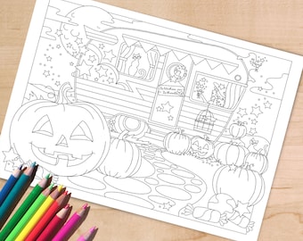 Halloween Witch Camping Coloring Page. Spooky Pumpkin Activity Sheet, Witches on Wheels Colouring Digital PDF Printable, A4 and Letter