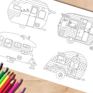 Cute Campers Printable Coloring Page. Camping Adult Coloring Page, Retro RV Caravans, Instant Download PDF, A4 and Letter image 1