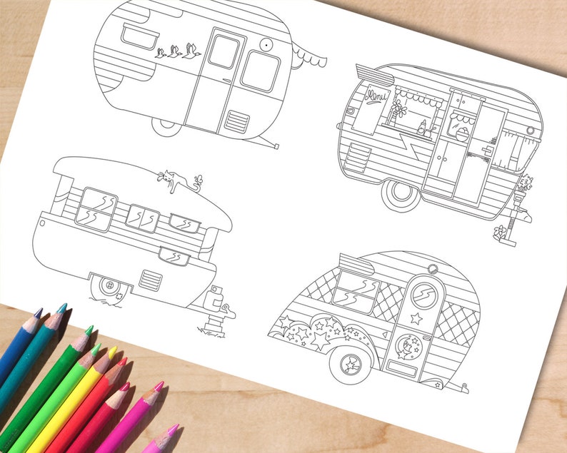 Cute Campers Printable Coloring Page. Camping Adult Coloring Page, Retro RV Caravans, Instant Download PDF, A4 and Letter image 1