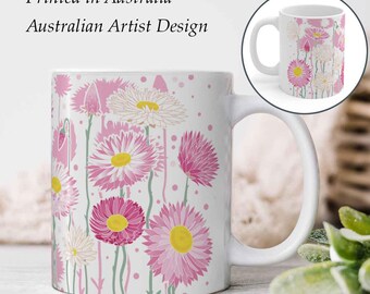Tasse à café rose fleurs sauvages : imprimé flore indigène d'Australie