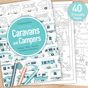 Livre de coloriage de camping imprimable. 40 pages à colorier de remorques de camping-car, caravane et camping-car, PDF à téléchargement immédiat, feuilles d'activités de camping, A4 et lettre image 1