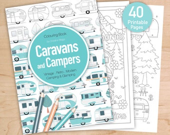 Livre de coloriage de camping imprimable. 40 pages à colorier de remorques de camping-car, caravane et camping-car, PDF à téléchargement immédiat, feuilles d'activités de camping, A4 et lettre