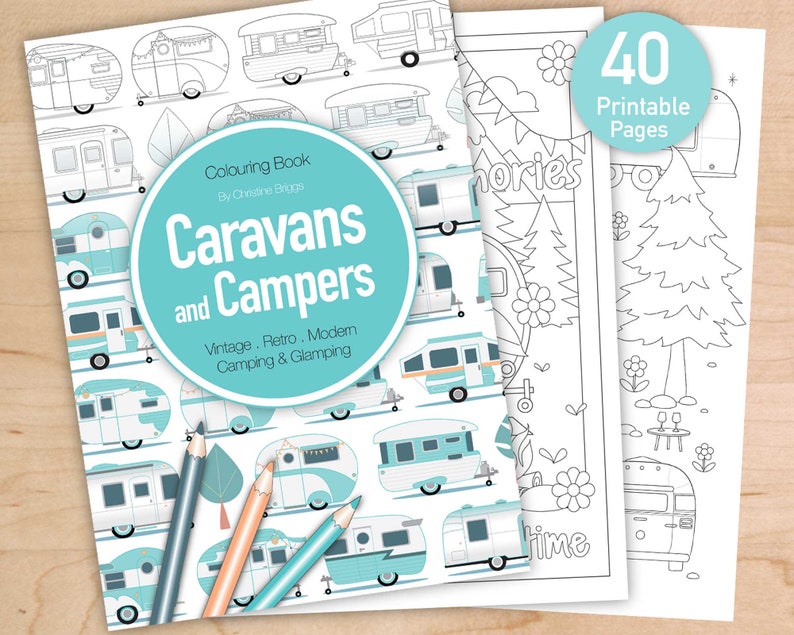 Livre de coloriage de camping imprimable. 40 pages à colorier de remorques de camping-car, caravane et camping-car, PDF à téléchargement immédiat, feuilles d'activités de camping, A4 et lettre image 1