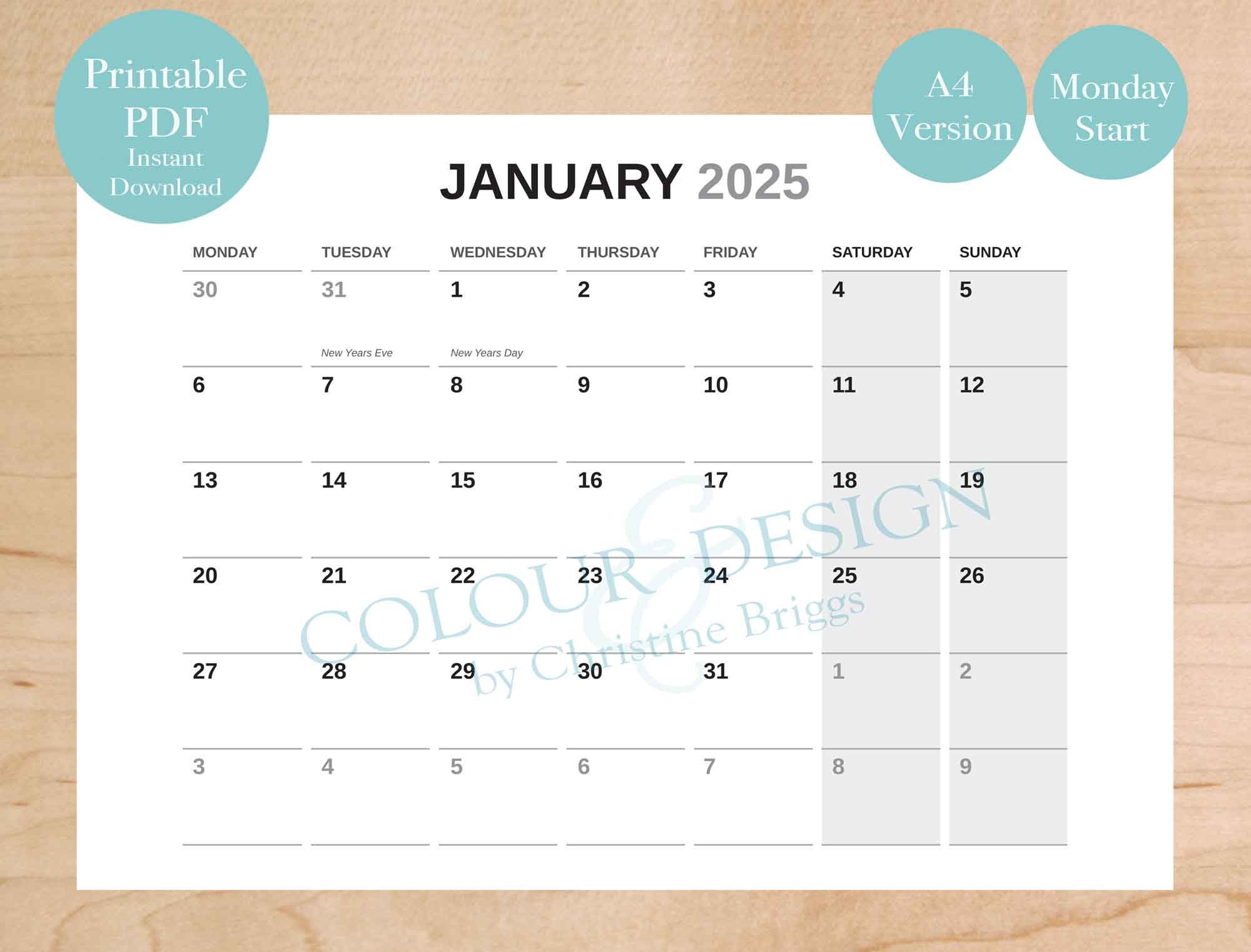 2025 Printable PDF Calendar. 13 Month Planner, Year at a Glance, Monday and Sunday Start, A4 and