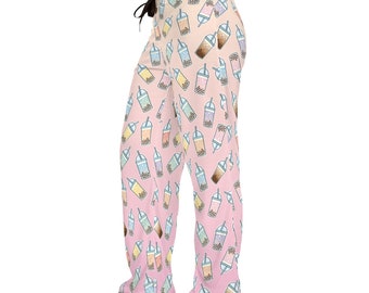 Kawaii Bubble Tea Pajama Pants for Women. Cute Boba Sleep Pants