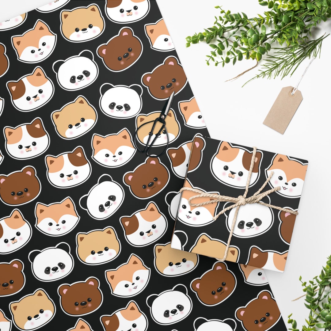 Cute Kawaii Wrapping Paper. Adorable Chibi Animals Gift Wrap Roll