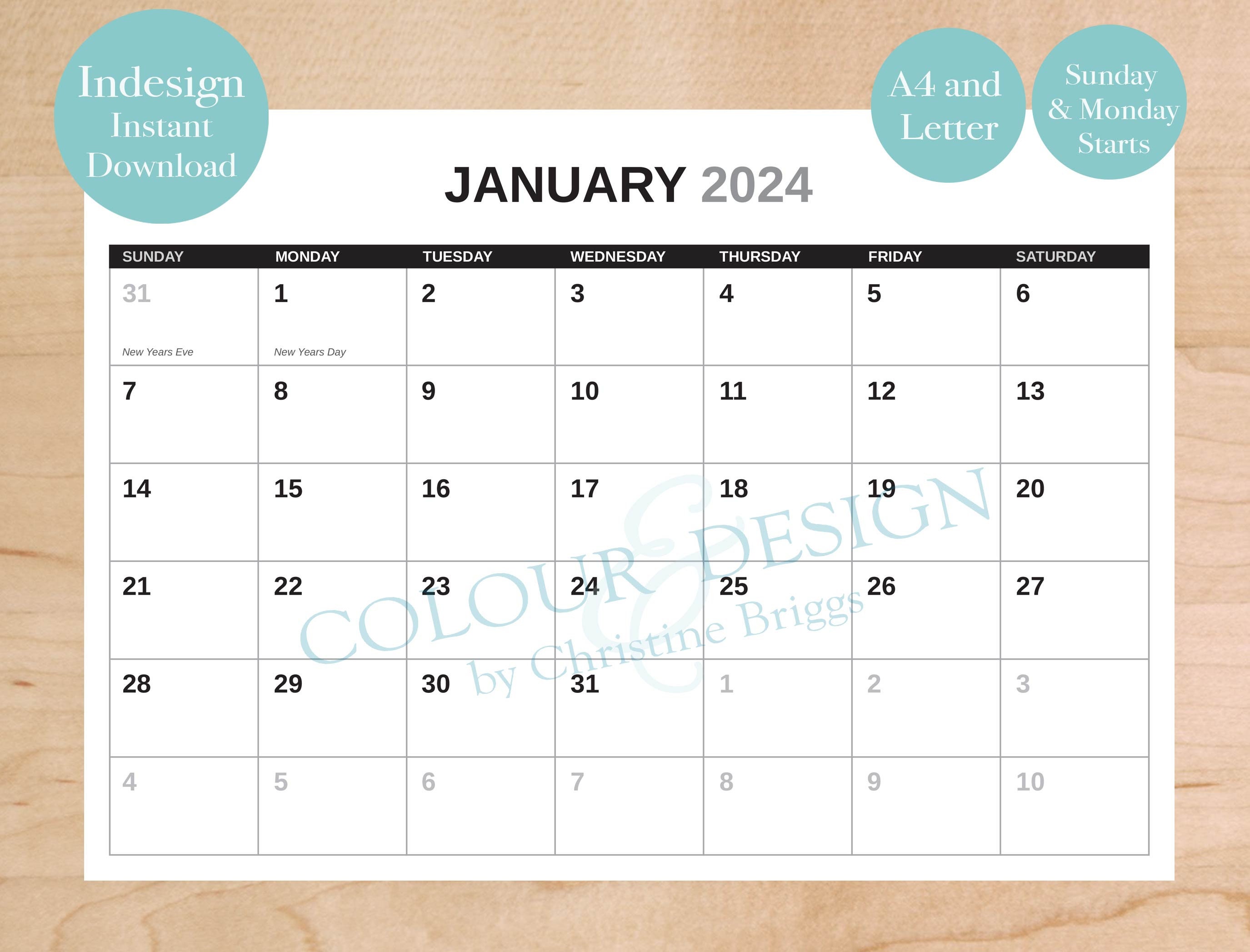 Plantilla de calendario de Indesign editable 2024. Calendario Etsy México