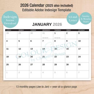 Modelo de calendário editável Indesign 2026, Adobe, calendário de 13 meses, resumo do ano, A4 e carta, 2025, para designers gráficos e artistas