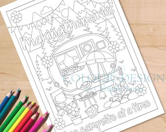 Printable Camping Coloring Page. Making Memories Campsite Activity Sheet, Happy Camper Download PDF Adult Colouring, A4 and Letter