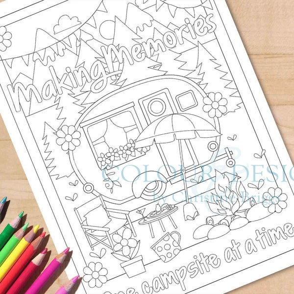 Printable Camping Coloring Page. Making Memories Campsite Activity Sheet, Happy Camper Download PDF Adult Colouring, A4 and Letter
