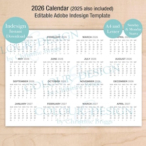Modelo de calendário anual editável Indesign 2026, Adobe, início de domingo e segunda-feira, A4 e carta, ano em resumo, uma página, inclui 2025