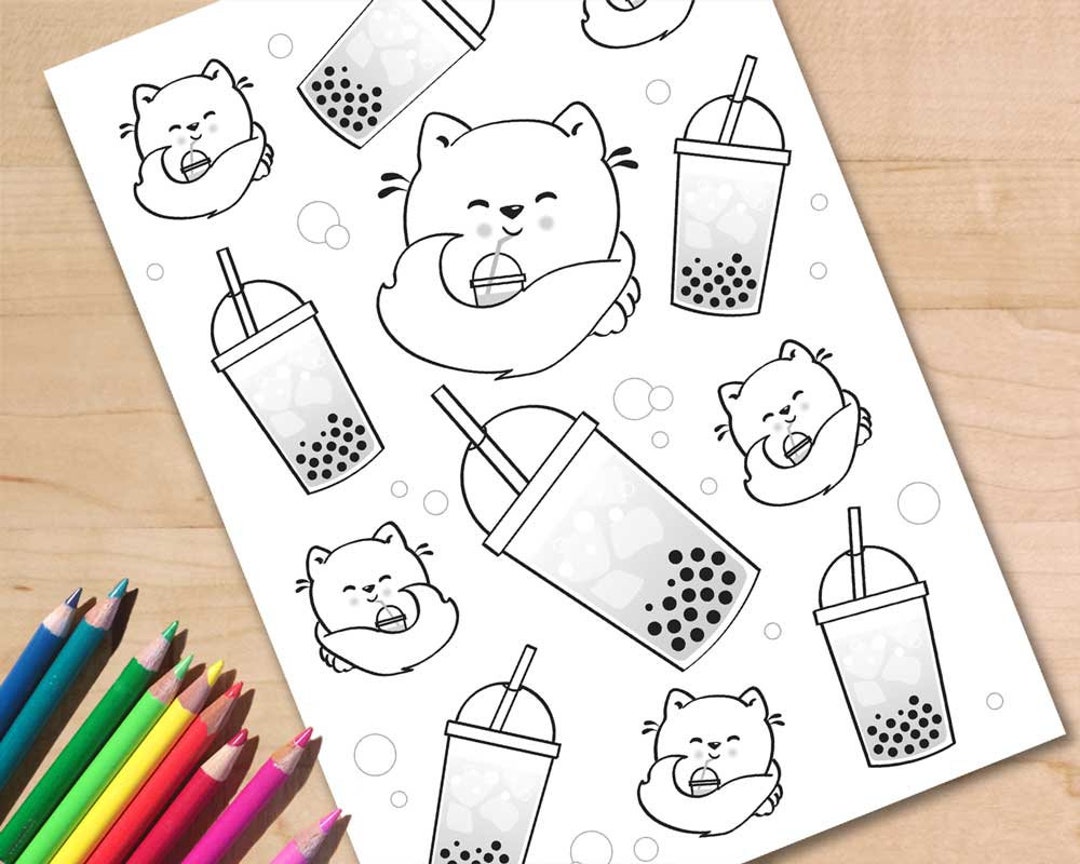 Bubble Tea Coloring Page, Boba Tea Colouring Page, Cat Coloring Page