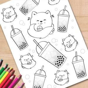 Página para colorear de té Boba, página para colorear de té de burbujas, gatos kawaii imprimibles, hoja de actividades en formato PDF digital para niños y adultos, tamaño A4, tamaño carta