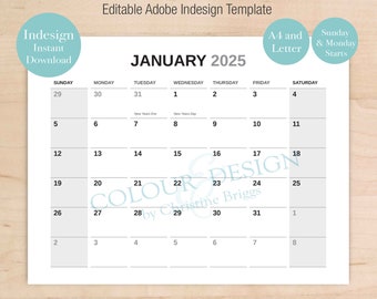 Modèle de calendrier modifiable Indesign 2025. Adobe Planner pour graphistes, début du dimanche au lundi, A4 et Letter, mensuel, annuel, 2024