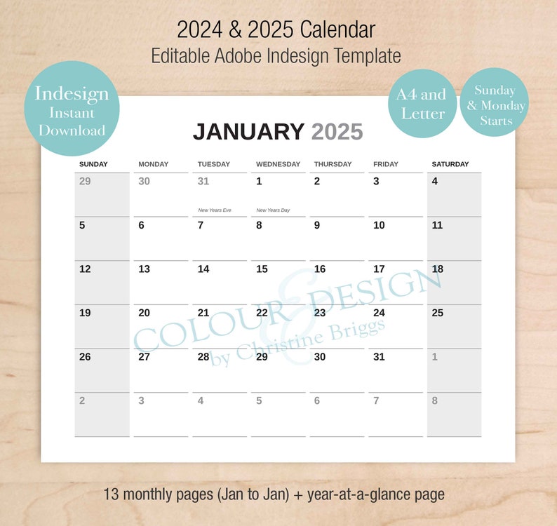 2025 Editable Indesign Calendar Template. Adobe Planner for Graphic