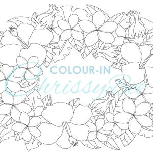 Tropical Flower Wreath Coloring Page, Hawaiian Lei Design (Printable PDF) image 2