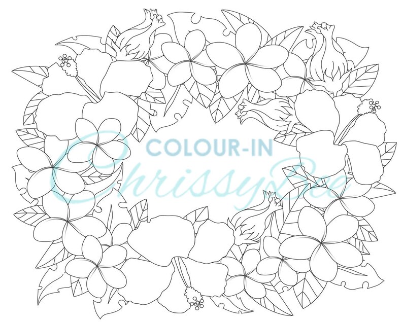 Tropical Flower Wreath Coloring Page, Hawaiian Lei Design (Printable PDF) image 2