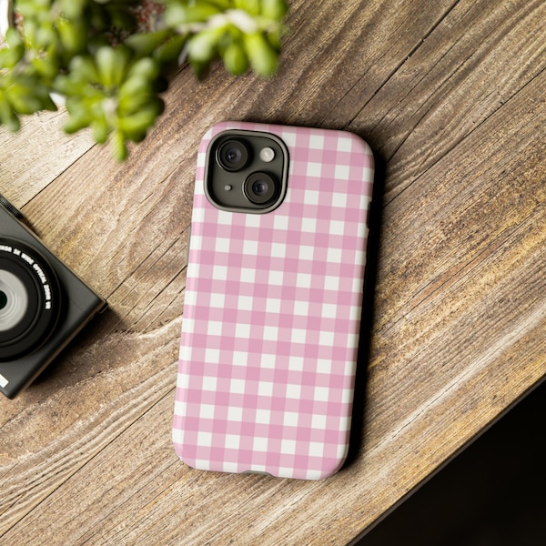 Pink Gingham Mobile Phone Case. Custom Colour, Cute Check Pattern, Cellphone Tough Case to fit iPhone Samsung or Google Pixel, Australia