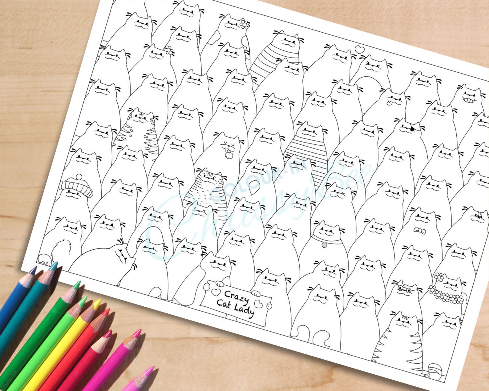 Crazy Cat Lady Coloring Page, Printable Adult Coloring Page, Cat